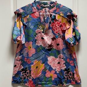 R2 Floral Patchwork Blouse - Blue, Pink, Yellow